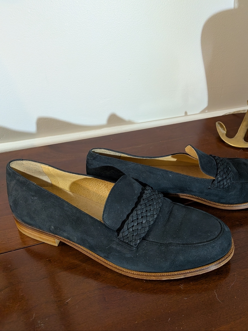 Andre Assous Navy Suede Braided Penny Loafers